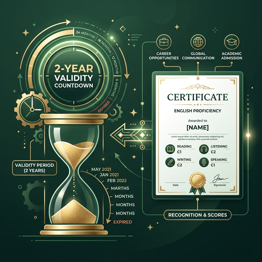 Infographic illustrating the 2-year score validity countdown and expiration rule for IELTS academic certificates