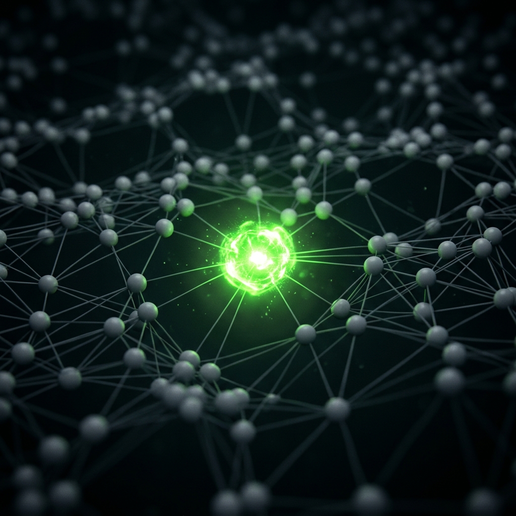 A central glowing green node in a network representing high information gain
