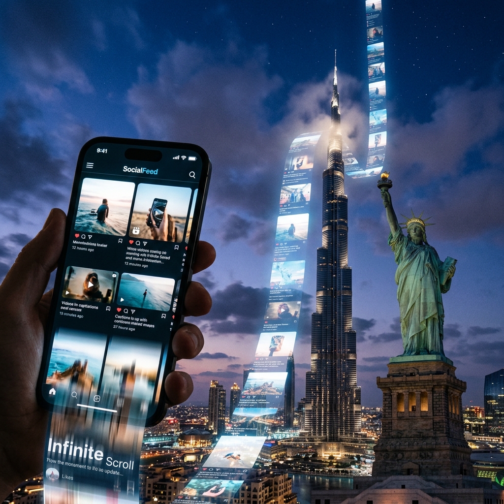 Infinite scrolling compared to the height of towering landmarks