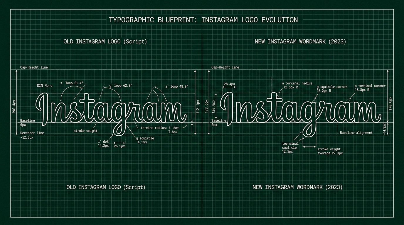 Technical typographic blueprint detailing cap-height, x-height, stroke thickness, and squircle terminal loops of the new Instagram wordmark