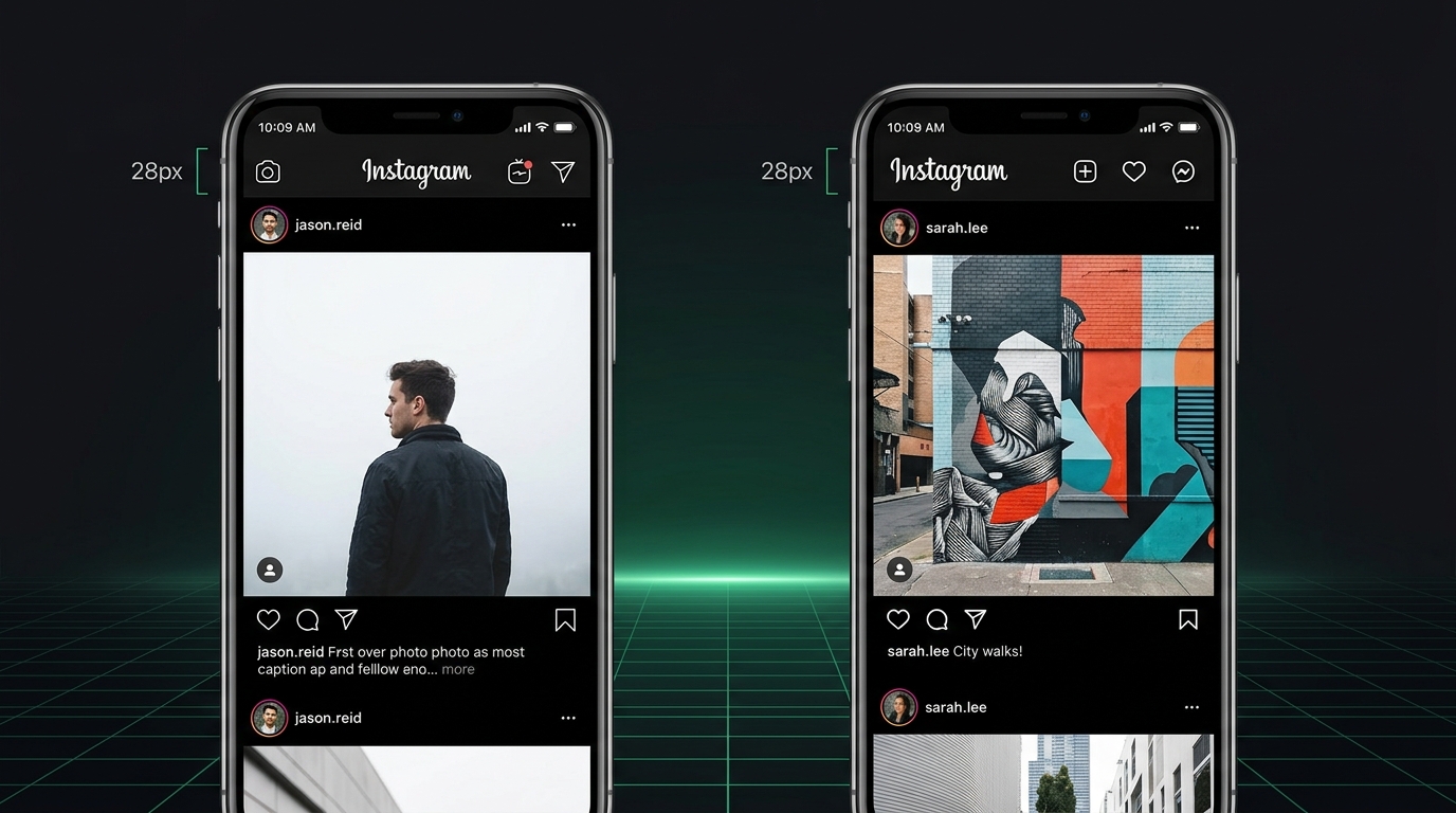 Mobile smartphone interface mockup comparing the old script wordmark and new hybrid wordmark at 28px header scale in dark mode