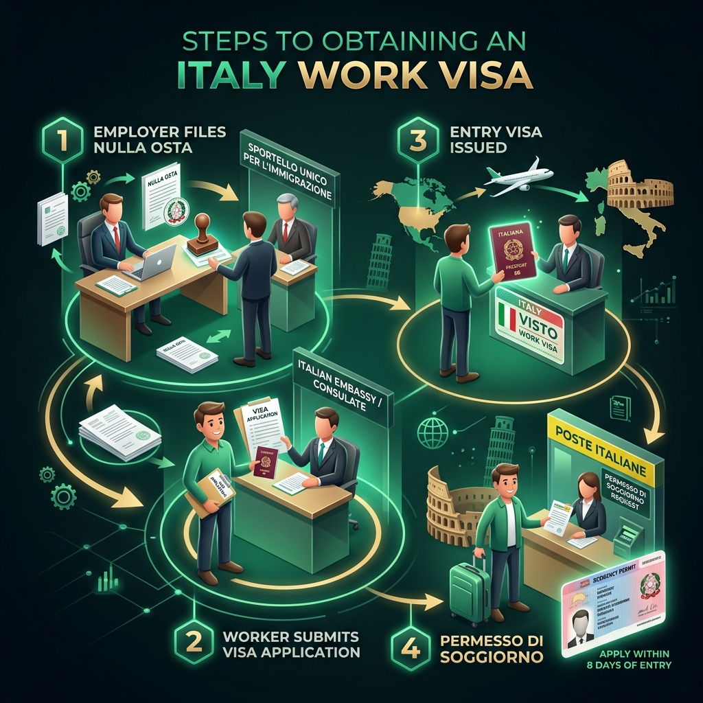 4-step workflow diagram showing employer Nulla Osta filing, consular visa application, entry to Italy, and Permesso di Soggiorno application