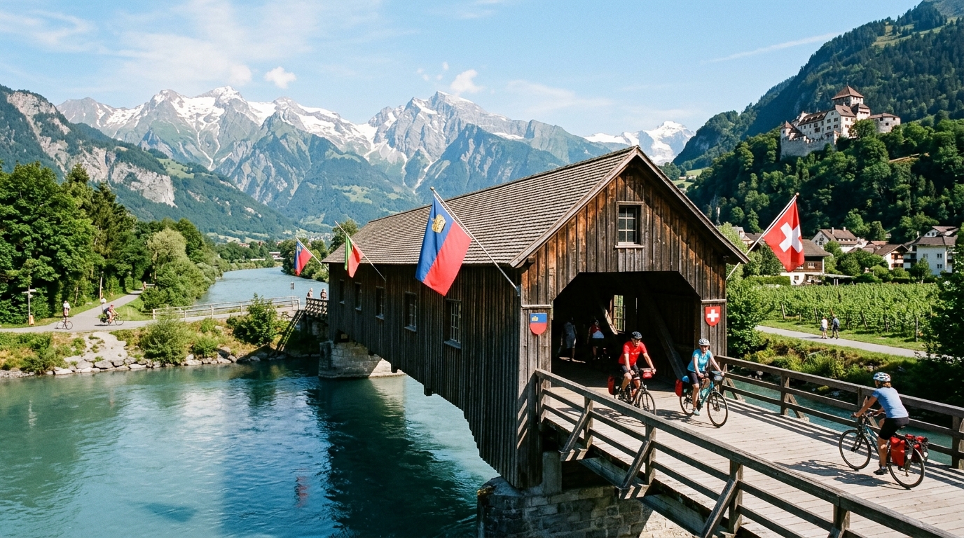 Border crossing bridge over Rhine River facilitating daily commute of tech engineers and software developers into Liechtenstein