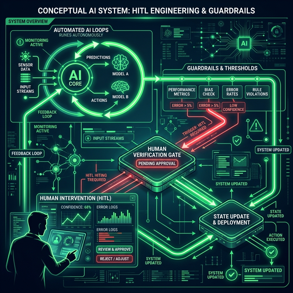 Conceptual AI system diagram depicting Human-in-the-Loop HITL guardrails, confidence threshold triggers, and verification approval gates