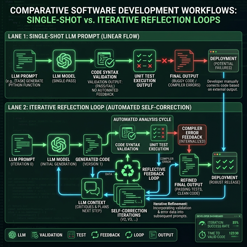 Comparative software development workflow diagram contrasting linear single-pass LLM prompts with iterative reflective feedback loops