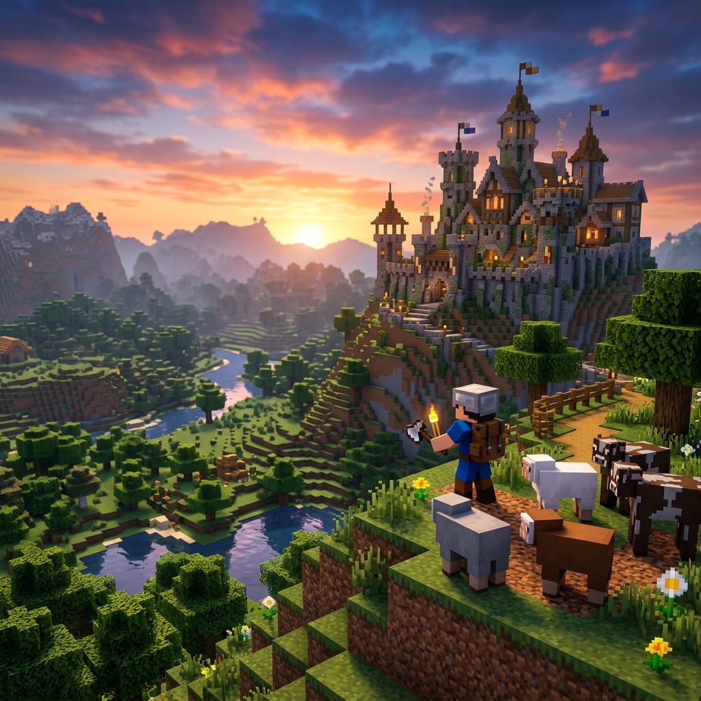 Minecraft Landscape at Sunset