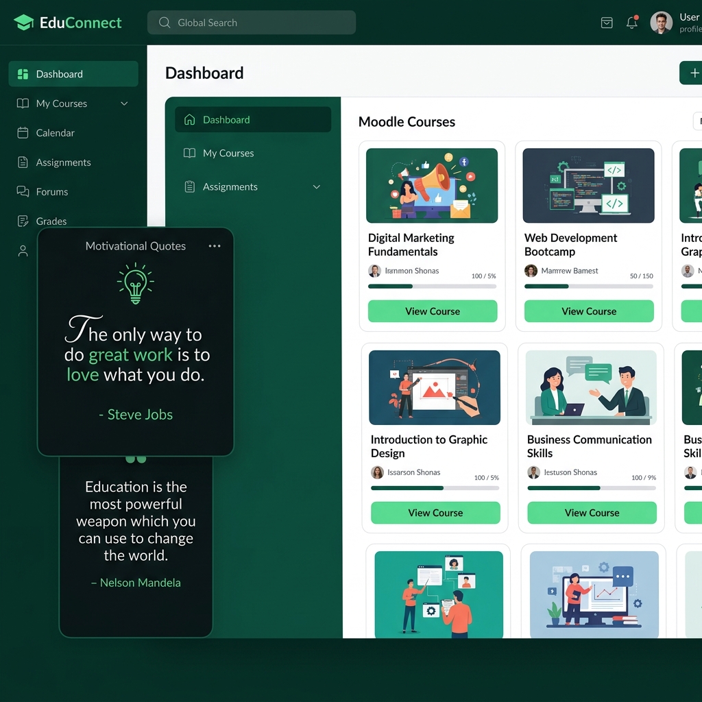Motivational Quotes Block Displayed on Moodle LMS Student Dashboard Interface