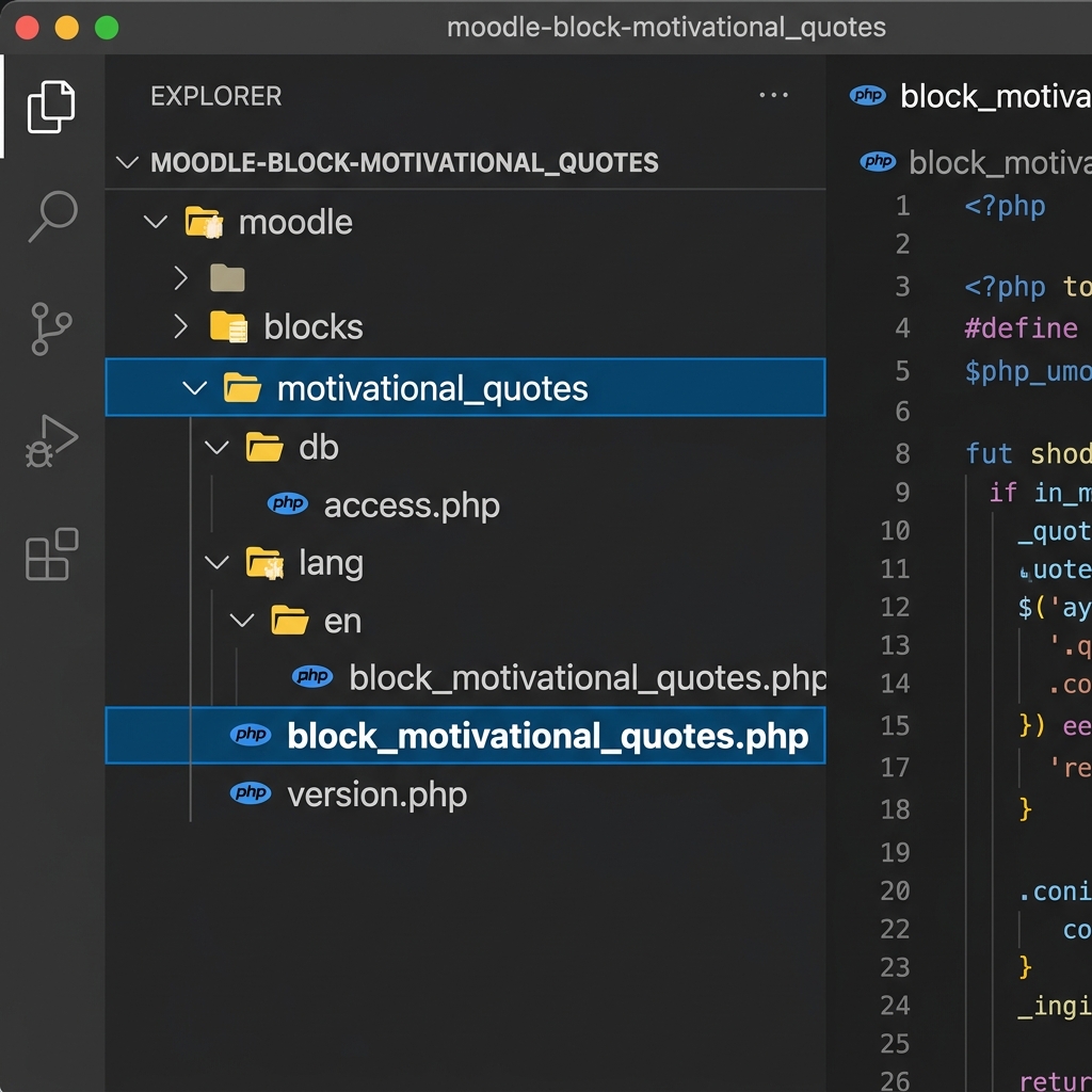 Moodle Motivational Quotes Plugin Directory Tree Structure in VSCode