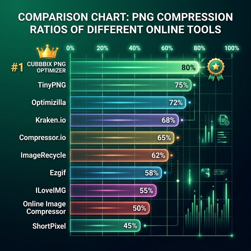 Bar chart comparison of PNG compression ratios across 10 tools showing Cubbbix PNG Optimizer leading at 80%