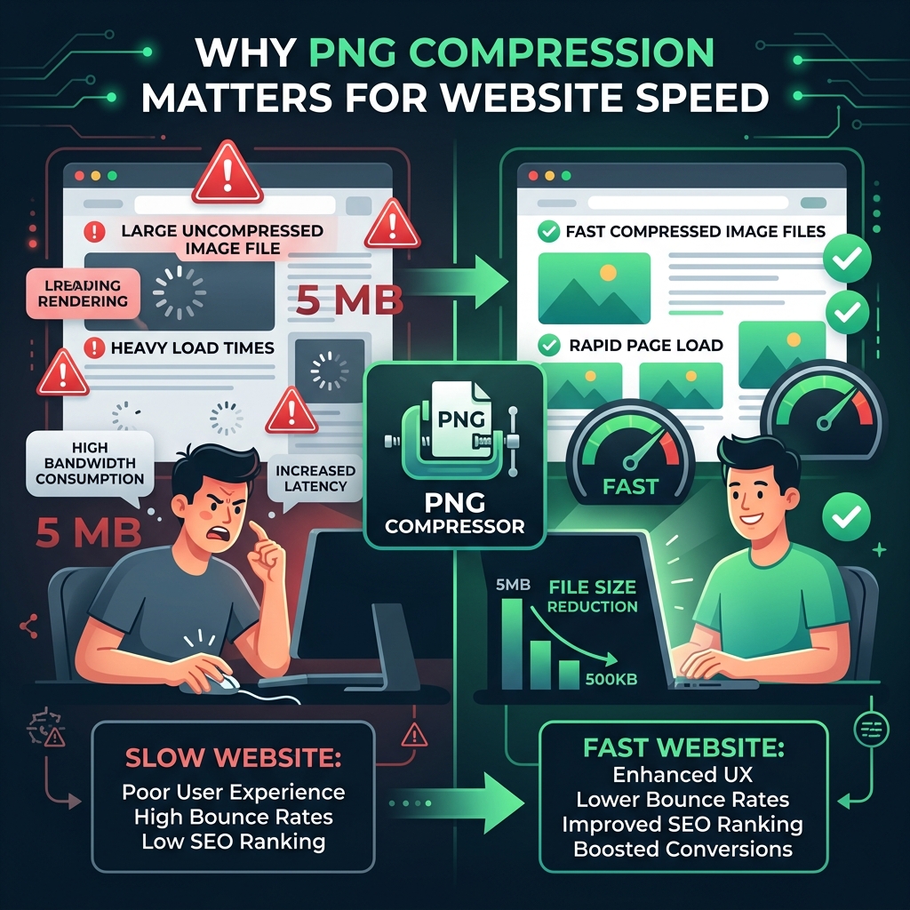 Infographic showing how PNG compression improves website speed from 5MB to 500KB file sizes