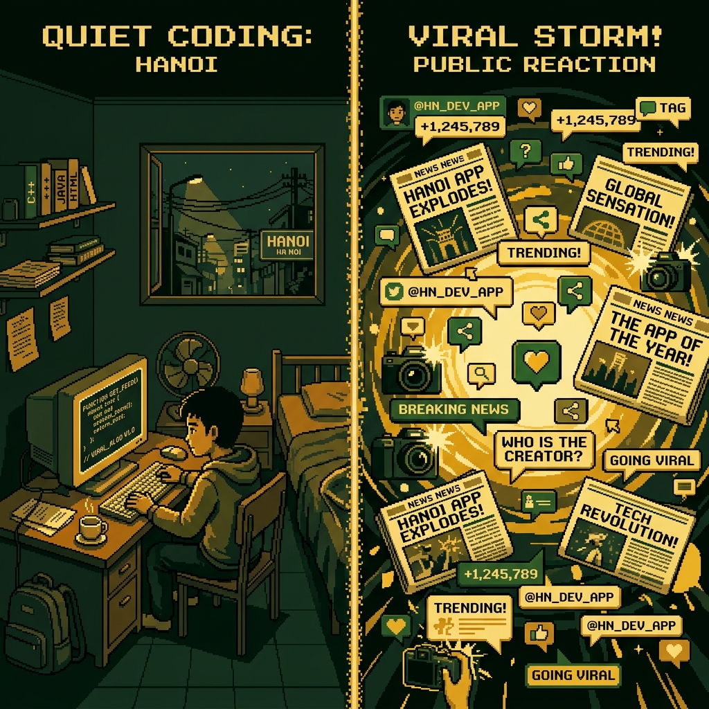 Split screen showing a quiet programmer in Hanoi versus a storm of viral headlines and cameras