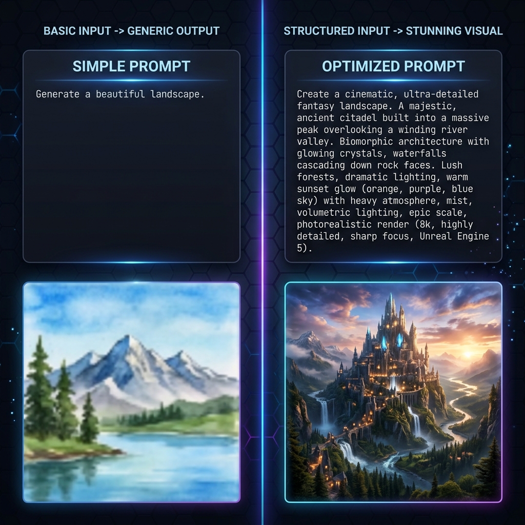 A split screen comparing a simple prompt with a generic image against a structured prompt with a highly detailed image