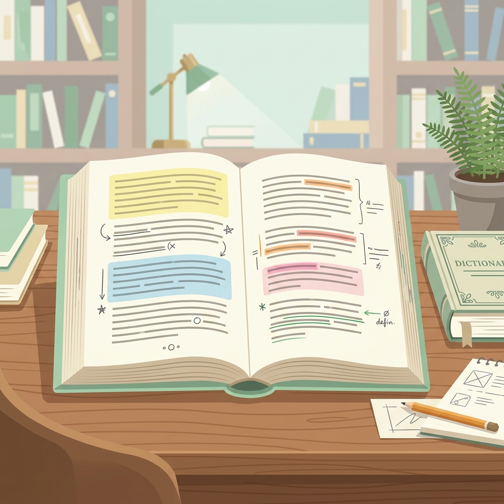 An annotated open book with coloured highlight sections and pencil marks representing comprehension strategy for PSLE English, with a dictionary visible beside it.
