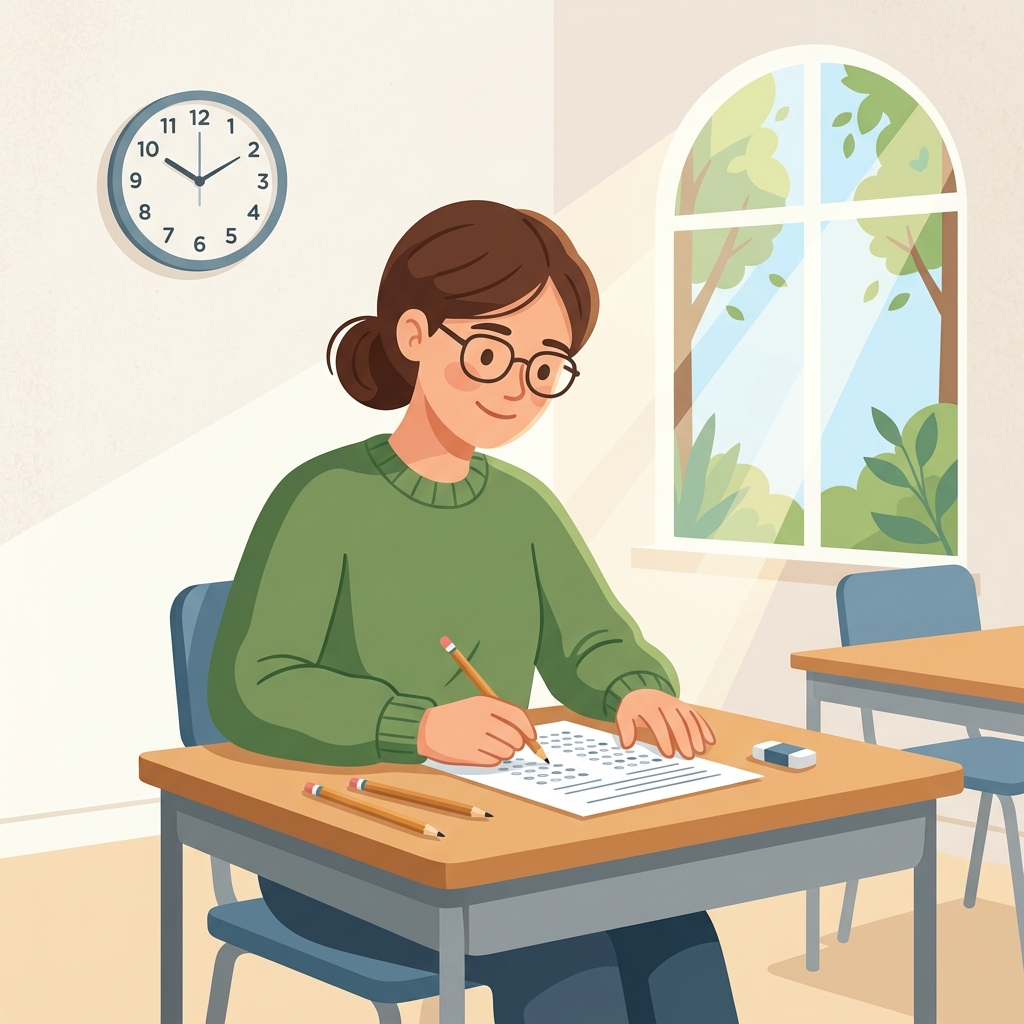 A calm and confident student sitting at an exam desk with pencils and an answer booklet, sunlight coming through a classroom window, representing PSLE examination day preparation.