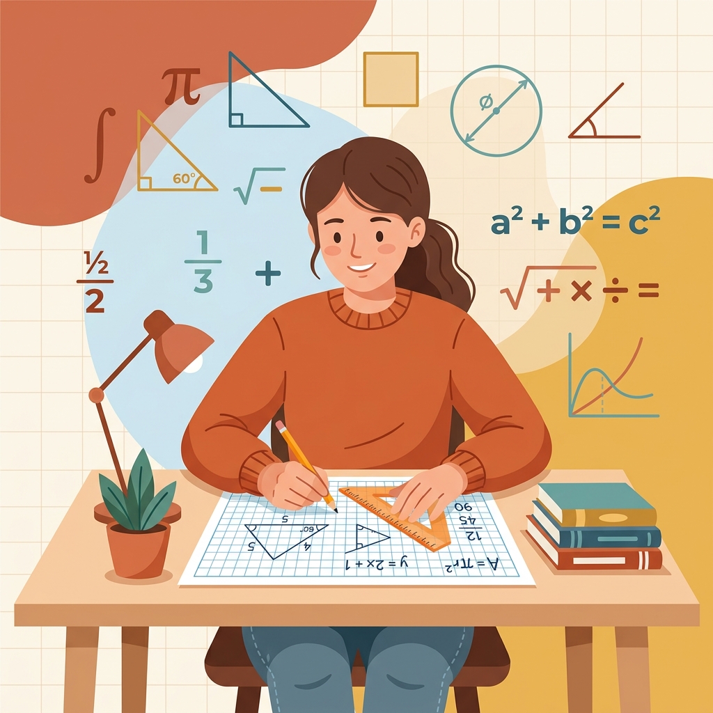 A student working through PSLE Mathematics problems on graph paper with a pencil and ruler, with geometric shapes and formulas visible in the background.