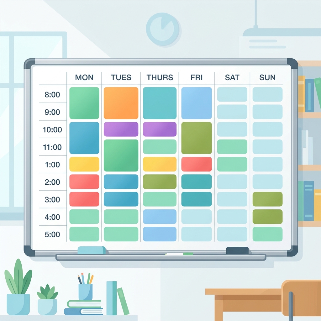 A colour-coded weekly study timetable on a whiteboard showing time blocks for different PSLE subjects including English, Math, Science, and Mother Tongue.