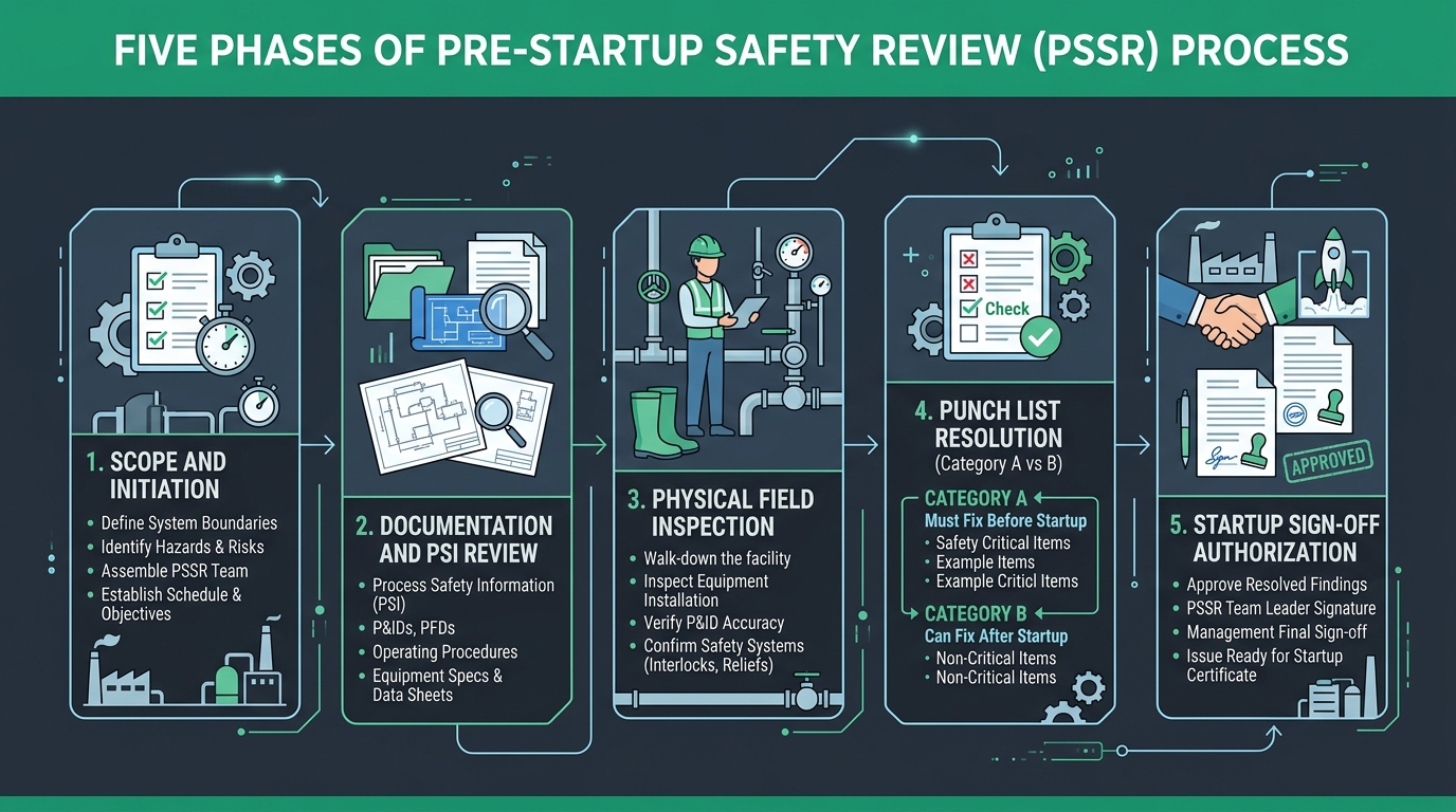 Comprehensive flowchart showing the five phases of the Pre-Startup Safety Review process from scoping to startup sign-off
