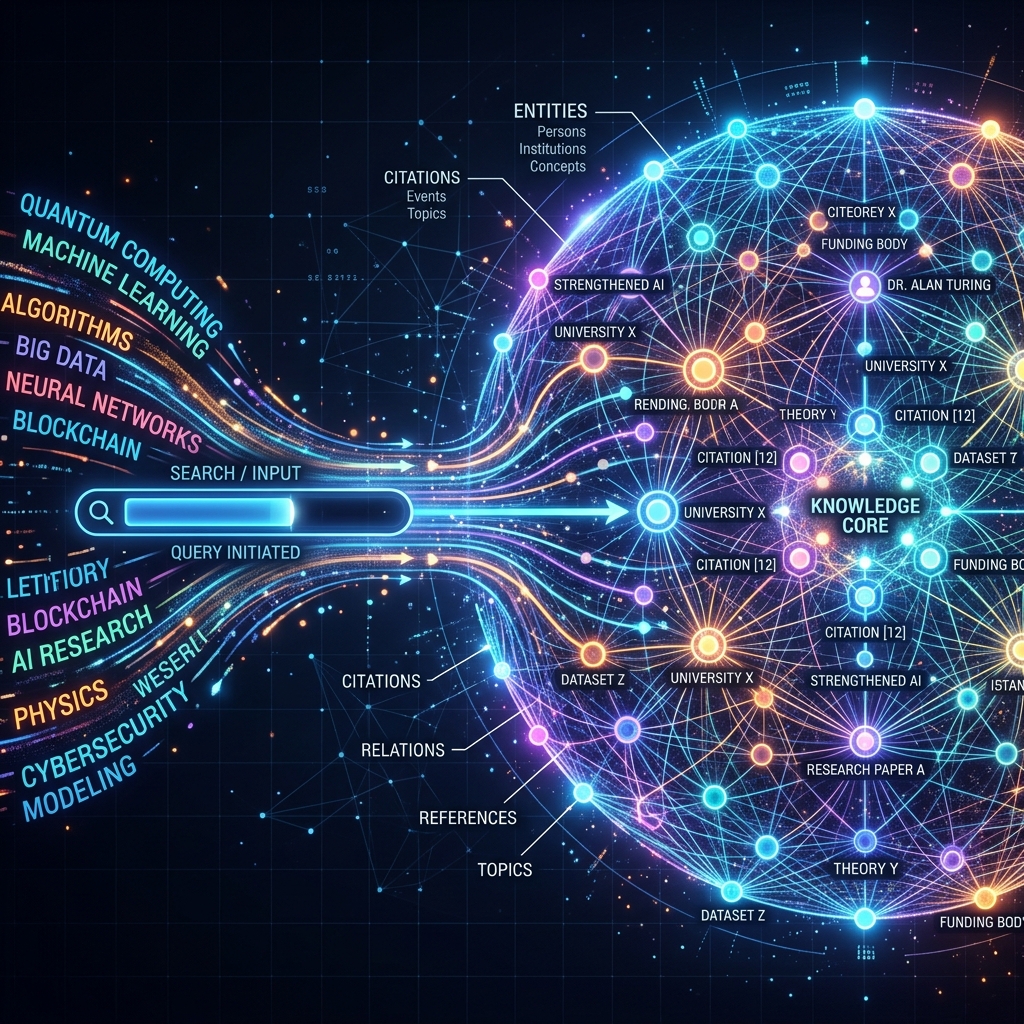 Infographic showing keywords flowing into a search bar and forming a knowledge graph