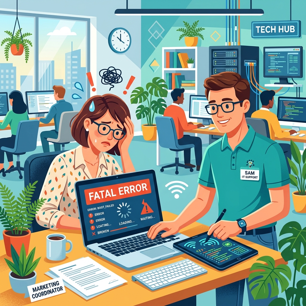 A modern illustration of a busy small business office with computers