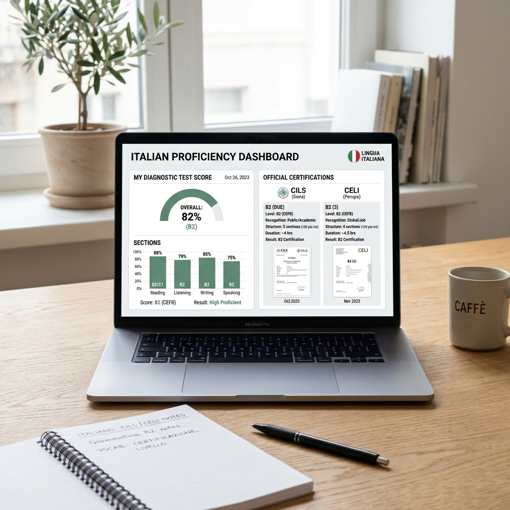 A laptop screen displaying a comparison dashboard between the Cubbbix Italian diagnostic test score and official CILS CELI certification certificates