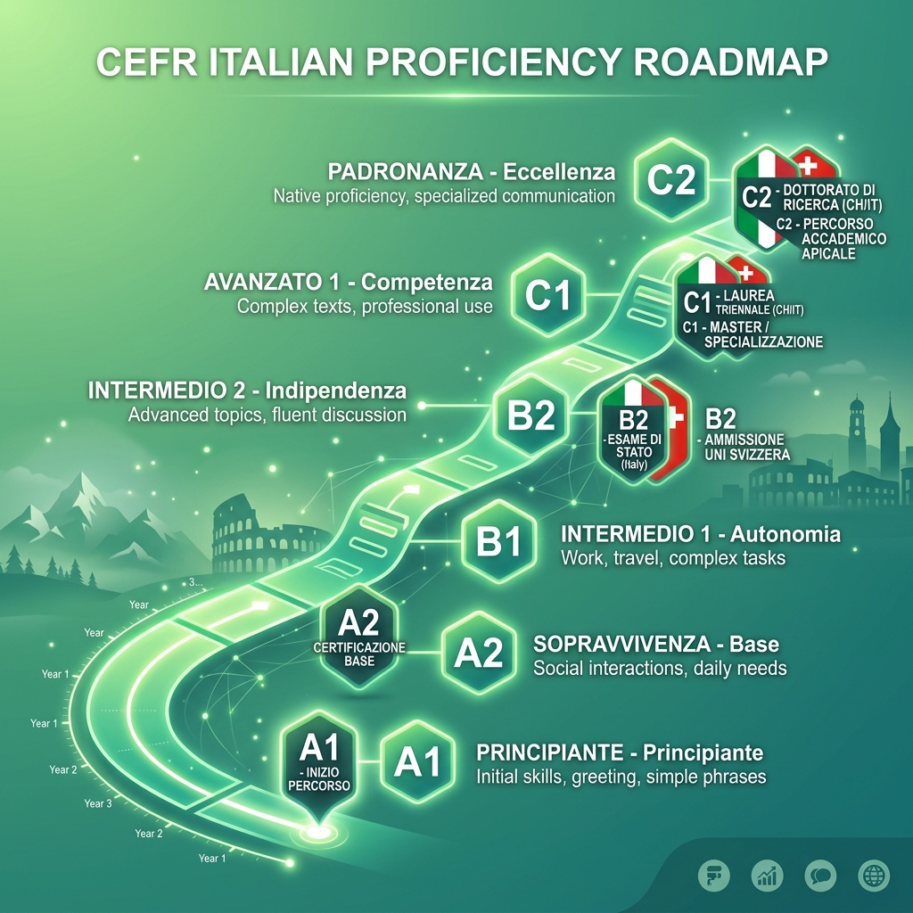 An infographic roadmap graph illustrating Italian language proficiency levels from A1 to C2 with university milestone badges for Switzerland and Italy