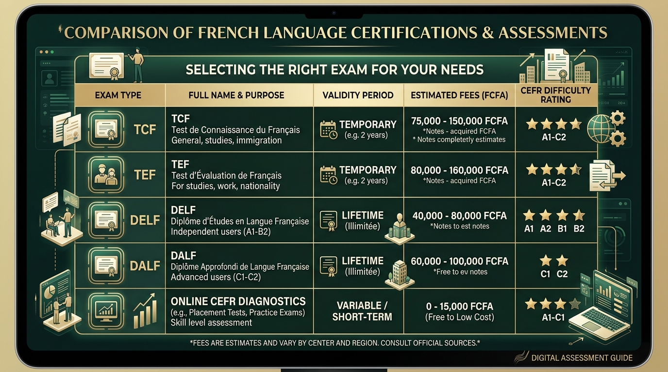 Comparison chart showing French language certification exams TCF, TEF, DELF, DALF and Cubbbix assessment with fees in FCFA, validity periods, and CEFR ratings