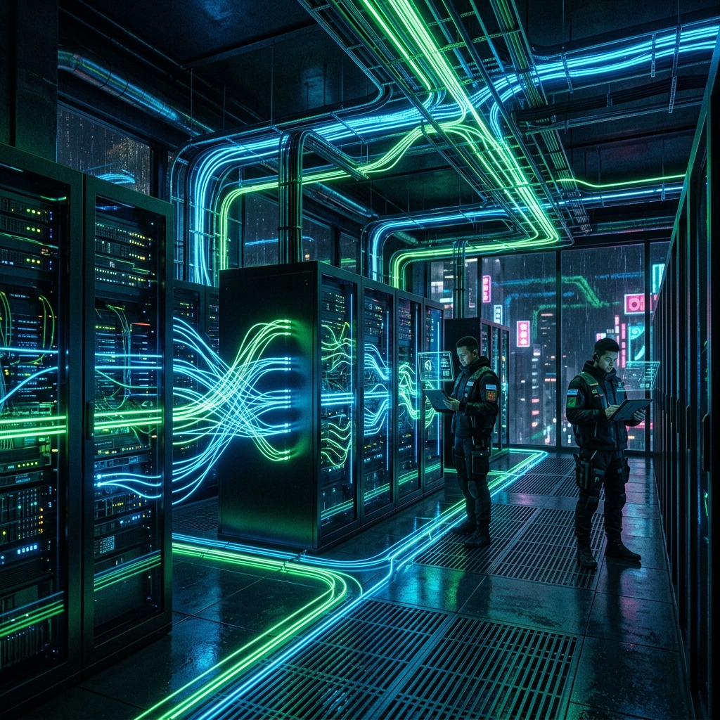 A modern data routing center with glowing neon green and blue data streams