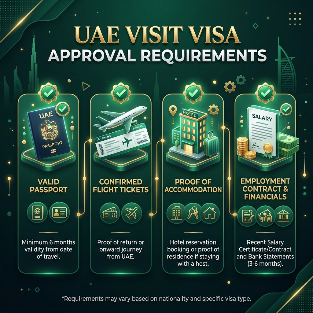 UAE visit visa approval requirements infographic displaying valid passport, confirmed flight tickets, proof of accommodation, and employment contract