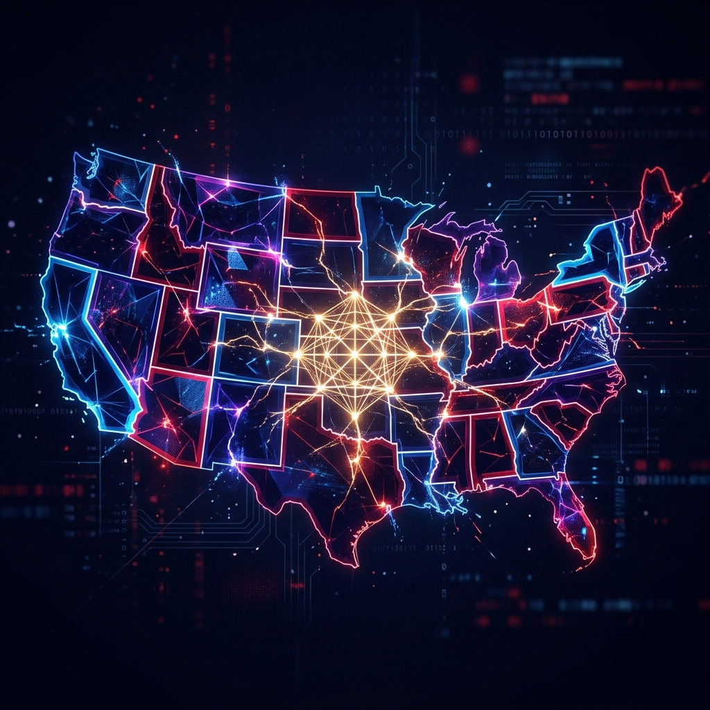 An abstract digital map of the United States fractured by glowing neon state lines, with a central federal grid struggling to connect them, illustrating the ongoing legal battle between state and federal AI laws.
