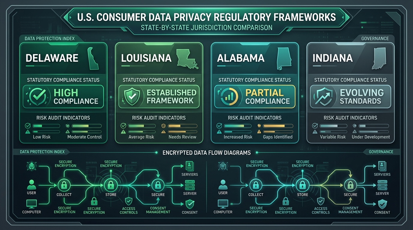 Comprehensive matrix of US state consumer data privacy regulatory frameworks comparing Delaware, Louisiana, Alabama, and Indiana compliance statuses