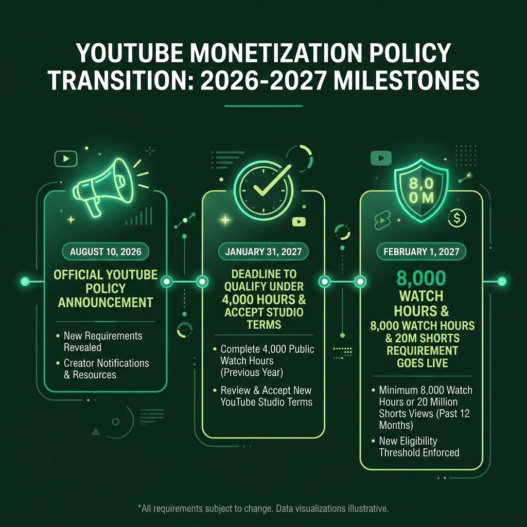 Timeline diagram detailing YouTube monetization policy milestones from August 2026 announcement to January 31 2027 acceptance deadline and February 1 2027 enforcement date