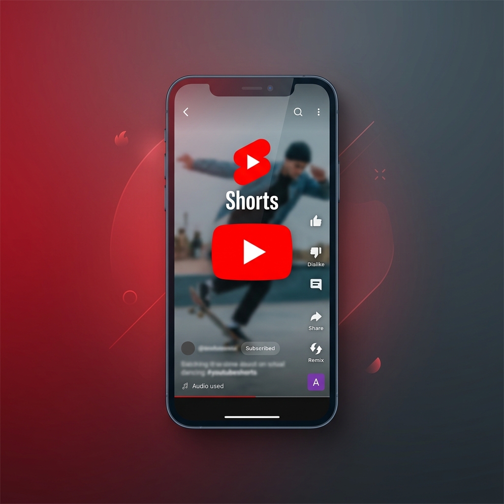 YouTube ショート投稿方法 - スマートフォン画面にYouTube Shortsインターフェースが表示されている