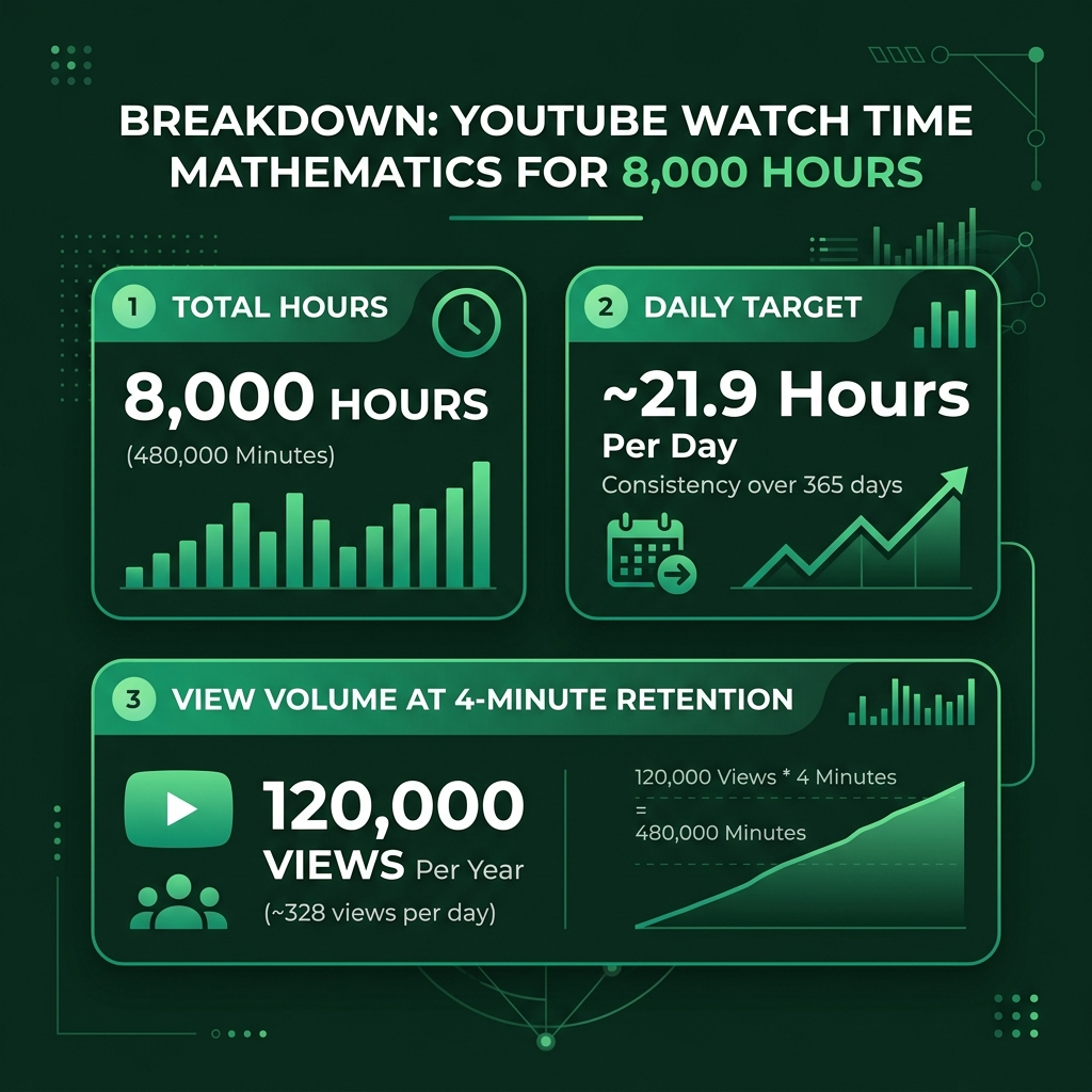 Infographic illustrating watch time mathematics for 8000 hours showing daily target of 21.9 hours and view volume requirements across different average view durations