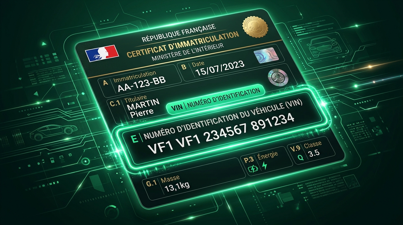 Carte Grise française avec repère E numéro d'identification VIN