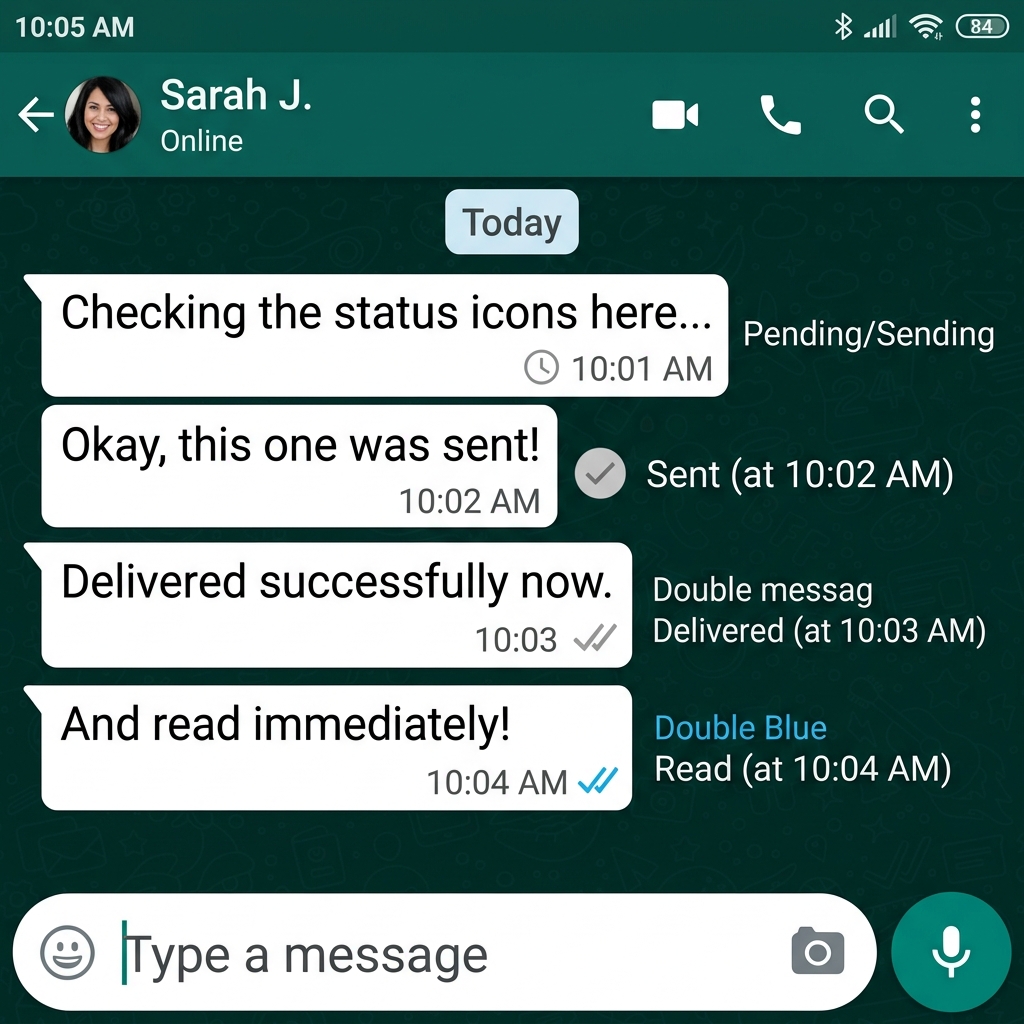 WhatsApp chat showing all 4 message status states: clock, single gray tick, double gray ticks, double blue ticks